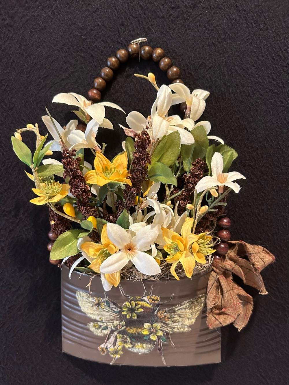 Handmade ”Bee Garden” Metal Basket W/Faux Flowers Wood Beaded Handle